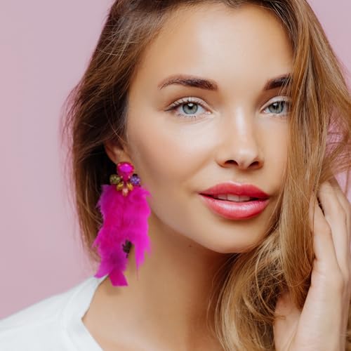 Long Feather Earrings for Women Bohemian Crystal Zirconia Dangle Feather Earrings Crystal Tassel Feather Earrings Wedding Halloween Prom Jewelry - color: Red