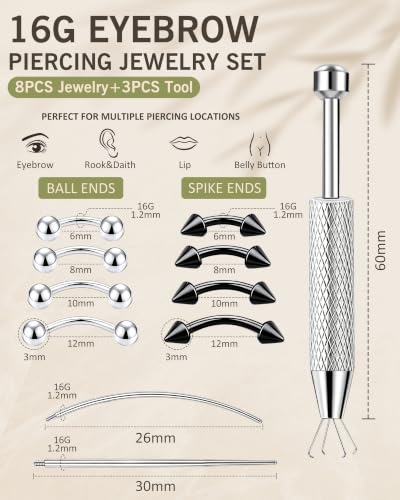 11Pcs Eyebrow Piercing Jewelry with Grabber Tool 14G/16G Stainless Steel Curved Barbell Eyebrow Jewelry Hypoallergenic Eyebrow Rings Rook Vertical Labret Navel Daith Lip Helix Conch Daith for Women Men 6mm/8mm/10mm/12mm - color: Silver/Black, size: 16G