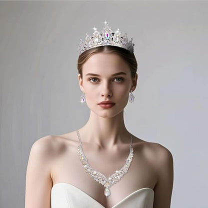 Tiaras and Crowns for Women,Tiaras Earrings Necklace, Crystal Bridal Jewelry Set - color: Silver AB