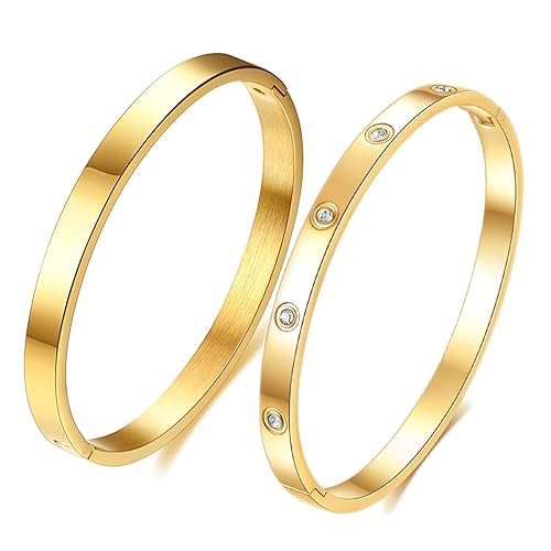 VQYSKO Love Friendship Bracelet Bangle Gold Rose Gold Silver with Cubic Zirconia Stones Stainless Steel Hinged Jewelry with Crystal Oval Bracelet Birthday Present for Her Women Teen Girls - style: Yellow Gold