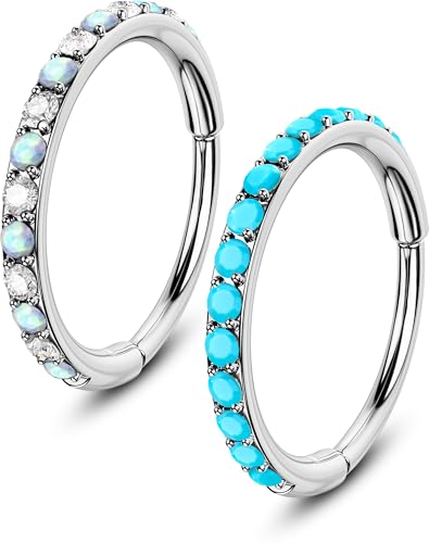 OUFER Turquoise CZ Opal Nose Rings for Women, 316L Surgical Steel 6MM Nose Rings Hoops, Silver Hinged Segment Septum Lip Eyebrow Cartilage Conch Rook Helix Tragus Daith Piercing Jewelry-6/7/8MM - color: Silver, Turqoise and Opal