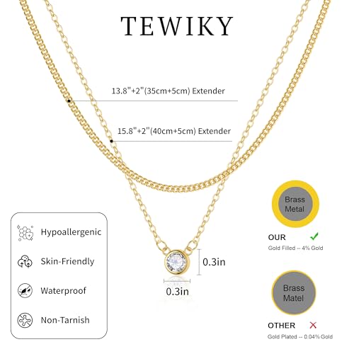 Tewiky Dainty 14k Gold Plated/Silver Cubic Zirconia Necklaces for Women, Simple CZ Jewelry Necklaces Trendy Gifts - color: Gold layered cuban CZ