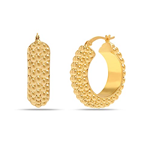 LeCalla 925 Sterling Silver Bali-Style Hoop Earrings Lightweight Click-Top Antique Two-Tone Beaded Italian Bali Style Earring Hoops for Women - style: Gold-plated Beaded