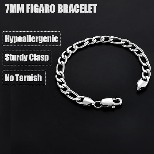Fiusem Figaro Link Mens Bracelet | 5/7/8mm Stainless Steel Link Chain Bracelets for Men, 6.7"/7.5"/8.3"/9.0" Length - color: 7mm width-steel, size: 6.7 inches
