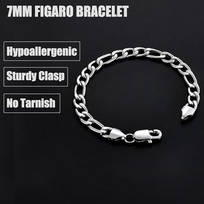 Fiusem Figaro Link Mens Bracelet | 5/7/8mm Stainless Steel Link Chain Bracelets for Men, 6.7"/7.5"/8.3"/9.0" Length - color: 7mm width-steel, size: 6.7 inches