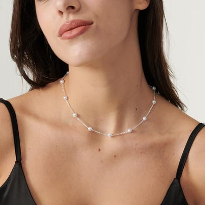 Pearl Necklace for Women- 14K Gold-plated/White Gold-plated Dainty Pearl Necklace for Women - color: Silver station chain