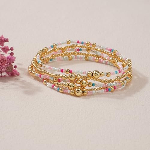 Colorful Gold Plated Stackable Ball Seed Beaded Bracelets Set For Women, Boho Handmade Romantic Stretch Accessories Jewelry, Daily Wear Holiday Party Friendship Gift - color: White Rice