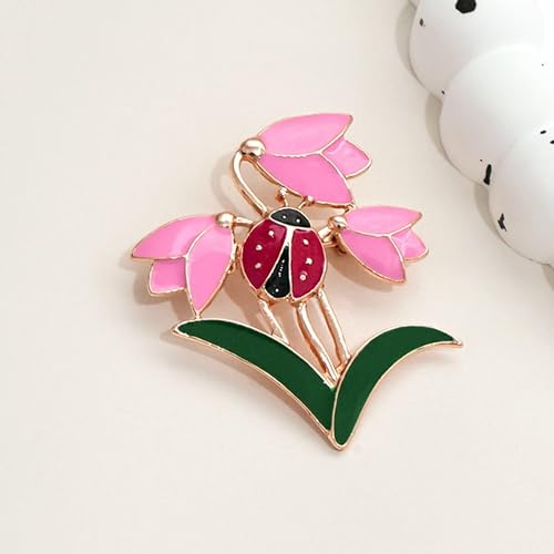 Nature Inspired Tulip Ladybug Enamel Lapel Pin Delicate Floral Brooch Creative Women Fashion Jewelry for Dress Scarf Suit Bag Clothing Accessories Gift - color: Pink