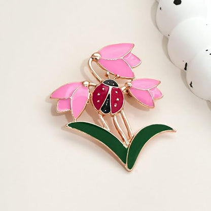 Nature Inspired Tulip Ladybug Enamel Lapel Pin Delicate Floral Brooch Creative Women Fashion Jewelry for Dress Scarf Suit Bag Clothing Accessories Gift - color: Pink