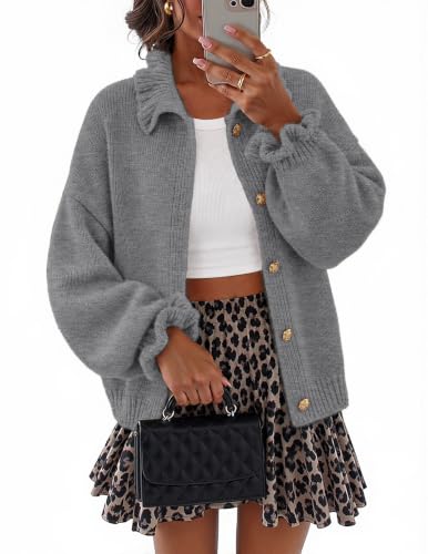 MEROKEETY Women's Fall Trendy Chunky Knit Cardigan Casual Ruffle Sweaters | Button Down, Long Sleeve, Cute Ruffle Collar, Mock Neck, Fashion Cozy Knit Sweater, Dressy Casual Winter Outerwear Clothes - color: Grey, size: Large