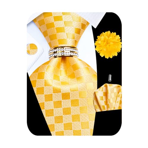 5PCS Mens Silk Tie, Pocket Square, Cufflinks, Drilled Tie Ring and Lapel Pin Set for Wedding Groom Party - color: Yellow Plaid Tie Set -129+22