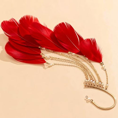 Feather Earrings for Women Ear Cuffs Long Tassel Boho Clip Earrings Red White Non Piercing Earring Statement Jewelry Birthday Prom Jewelry Gifts - color: A3:red tassel feather ear clips