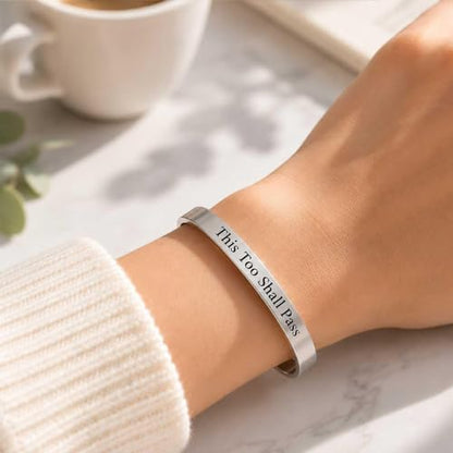 This Too Shall Pass But F*cking Hell Mantra Cuff Bracelets, Stainless Steel Inspirational Cuff Bracelets with Hidden Message Engraved Bracelet Open Adjustable Self-Reminder Bangle Motivational Jewelry for Women - color: Silver