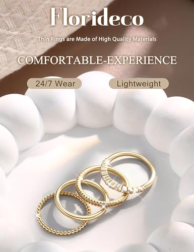Florideco 14K Gold Plated Stackable Rings for Women Non Tarnish Dainty Cubic Zirconia Thumb Ring Set Silver Plated Stacking Set Statement Promise Band Ring Sets - color: 14K Gold-plated