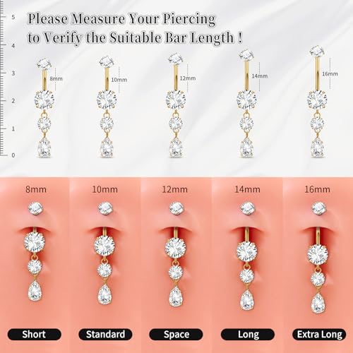 G23 Titanium Belly Button Rings Dangle CZ Belly Rings Curved Navel Rings Teardrop Internally Threaded Cute Belly Piercing 8mm-16mm - color: Style B| Gold, size: 12MM