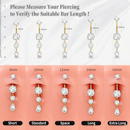G23 Titanium Belly Button Rings Dangle CZ Belly Rings Curved Navel Rings Teardrop Internally Threaded Cute Belly Piercing 8mm-16mm - color: Style B| Gold, size: 16MM