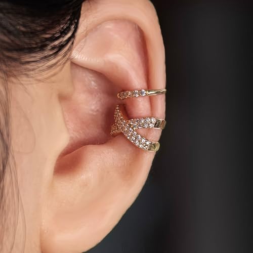 2 Pairs Ear Cuff Earrings for Women 14K Gold Plated Non Tarnish Gold Ear Cuffs Set Cute Fake Piercings Earings Rhinestones Clip On Earrings Wraps Jewelry - color: Rose Gold-1