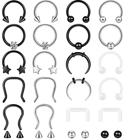 ONESING 20-30 Pcs Septum Rings 16G Septum Jewelry - Surgical Steel Piercings Horseshoe Helix Daith Smiley Tragus Lip Rings Nose Hoop Hinged Seamless Piercing Jewelry for Women Men - color: Color-B-16G-10mm