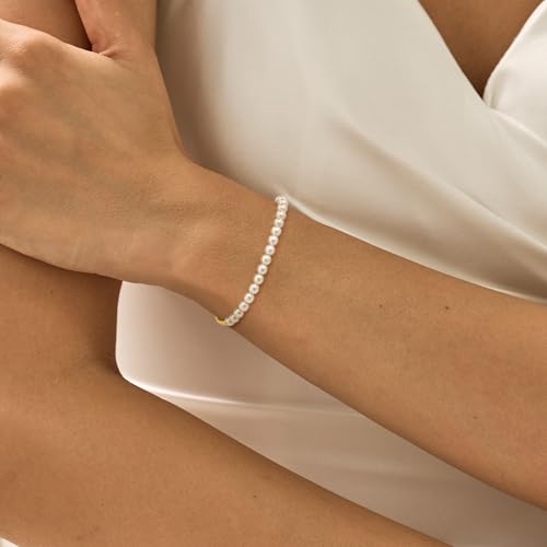 NECOCY 14K Gold Plated Pearl Bracelets for Women, Dainty Bracelets Stack Trendy Pearls Beaded Link Chain Charm Bracelets Set Layered Tiny Wedding Prom Jewelry Gift for Women Mother's Day Graduation - style: Style-9
