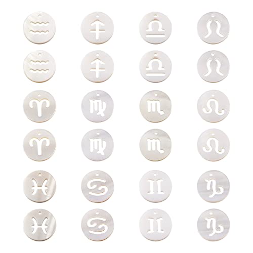 Craftdady 24Pcs Freshwater Shell Charms 12mm Flat Round 12 Constellations Bead Charms Shell Zodiac Sign Cabochons for Bracelets Necklaces Earrings Jewelry Crafts Making - color: Hollow 12 Constellations