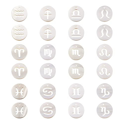 Craftdady 24Pcs Freshwater Shell Charms 12mm Flat Round 12 Constellations Bead Charms Shell Zodiac Sign Cabochons for Bracelets Necklaces Earrings Jewelry Crafts Making - color: Hollow 12 Constellations