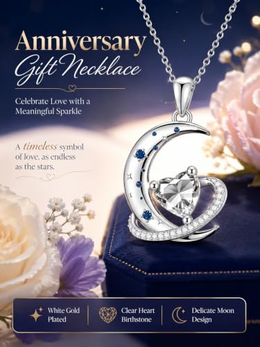 Birthstone Necklace for Women White Gold Moon and Star Pendant Moon Jewelry Anniversary Birthday Gifts for Mom Wife Her - color: 04. April - Clear Zircon