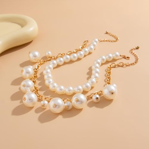 Chunky Gold Layered Big Pearl Beaded Statement Necklaces for Women | Large White Faux Pearls Beads Stack Choker Necklace Trendy Wedding Bridal Prom Statement Jewelry Formal Cluster Bib Necklace