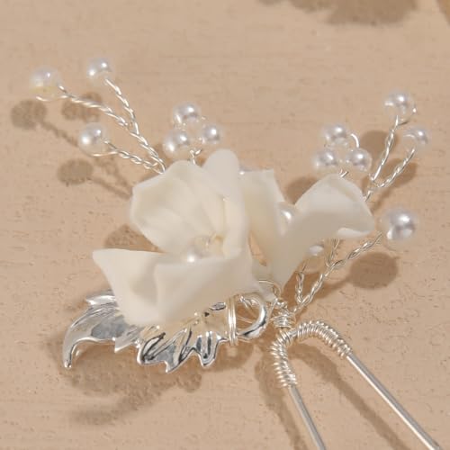 Handmade Pearl Bridal Hair Pins Wedding Hair Accessories for Women Brides Bridesmaid - color: Silver/Pearl White Flower