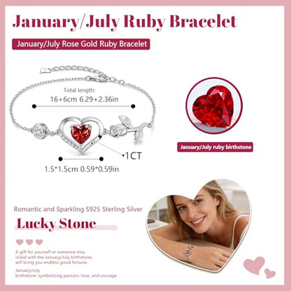 1CT Rose Heart Birthstone Bracelet for Women Love Gift - style: 01/07-Jan/July Ruby Silver