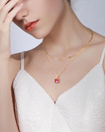 Gold Layered Necklaces for Women, 18k Gold Plated Crystal Necklace Paperclip Choker Emerald Green Jewelry for Women Gifts - color: Rose Pink