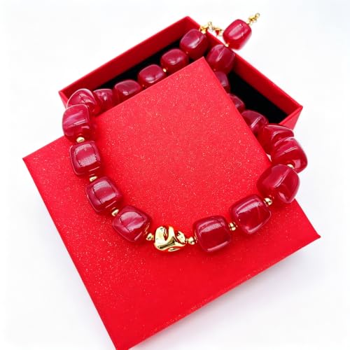 Red Beaded Necklace for Women Chunky Beaded Necklace Adjustable Acrylic Bead Choker Necklaces Big Statement Necklaces Jewelry Accessories - color: 15MMSquareBead EE