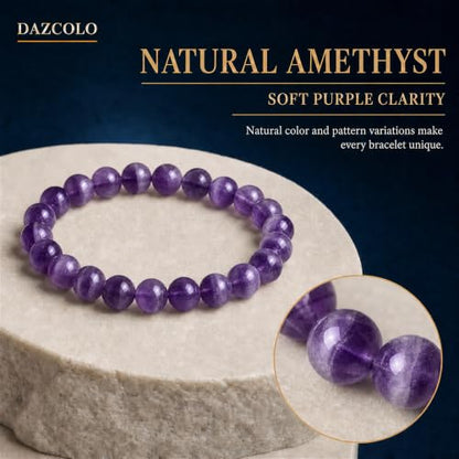 8mm Natural Crystal Stretch Bracelet | Handmade Round Stone Bead Bracelet, Runs Large, Meditation Yoga Gift for Women & Men - color: Dog Teeth Amethyst