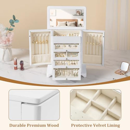 Large Jewelry Box & Organizer for Women, Wooden Jewelry Storage with 4 Transparent Drawers, Holds Necklaces, Rings, Bracelets, Earrings and Watches(White) - color: White