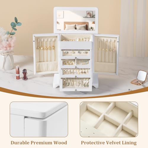 Large Jewelry Box & Organizer for Women, Wooden Jewelry Storage with 4 Transparent Drawers, Holds Necklaces, Rings, Bracelets, Earrings and Watches(White) - color: White