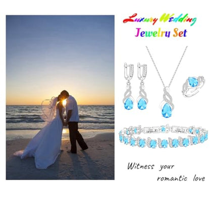 LMXXVJ Jewelry Set for Women,Teardrop Cubic Zirconia Necklace Earrings Adjustable Ring Bracelet Jewelry Set Formal Jewelry Gift - color: MHSD-White Gold-Sky Blue