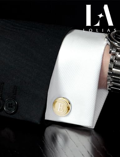 LOLIAS 3 Pairs Initial Cufflinks for Men Classic Mens CuffLinks Set Letter | Cuff Links for Casual to Formal with Gift Box Silver Black 14K Gold Plated Cufflinks for Father Husband Groom Groomsmen Gift - style: Letter E