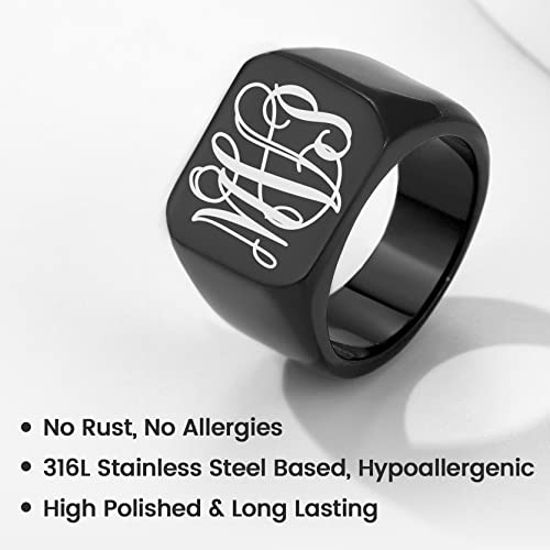 GoldChic Jewelry Personalized Signet Rings Men Women, Stainless Steel Custom Photo Bold Square/Oval Monogram/Old English Initial Pinky Stacking Statement Ring in Black/Silver/Gold (Size 7-14) - color: Black-Monogram -Square