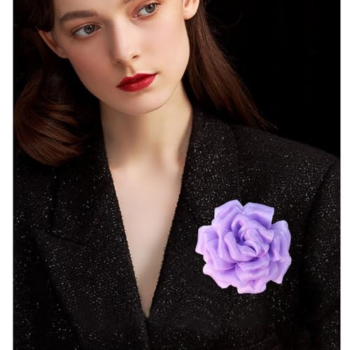 Flash Camellia Flower Brooch Pin for Women Men Elegant Texture Fabric Dahlia Rose Floral Brooches Lapel Pins Dainty Wedding Holiday Party Costume Dress Accessories Jewelry - color: Light Purple
