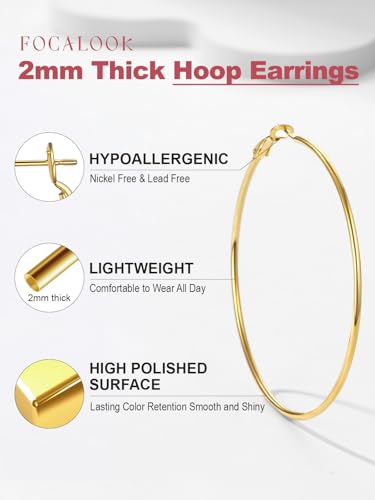 FOCALOOK 14K Gold Plated Lightweight Large Hoops| 2mm Thin Hoop Earrings for Women 30/40/50/70/100mm - color: 01.Gold, size: 70mm