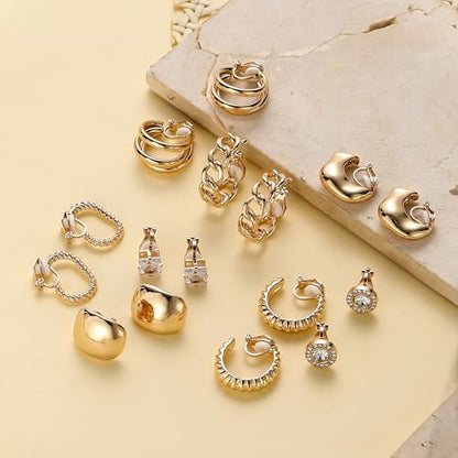 13 Pairs Clip on Earrings for Women Chunky Non Pierced Hoop Earrings CZ Pearl Knot Croissant Tube Twist Stud Hoop Clip on Earring Set Fake Earrings Clips Jewelry 14K Gold Silver Plated - color: Gold