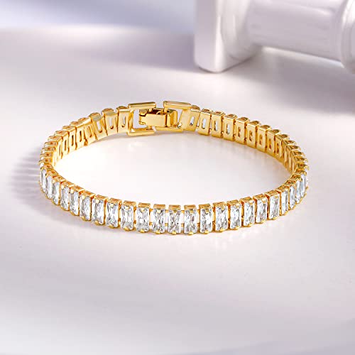 MDFUN 18K Yellow Gold Plated Round Tennis Bracelet for Women – Elegant 5mm Cubic Zirconia Tennis Bracelet – Great Gift for Mom, Wife & Loved Ones Size 6-8.5 inches - style: Rectangle CZ- 8.5 in