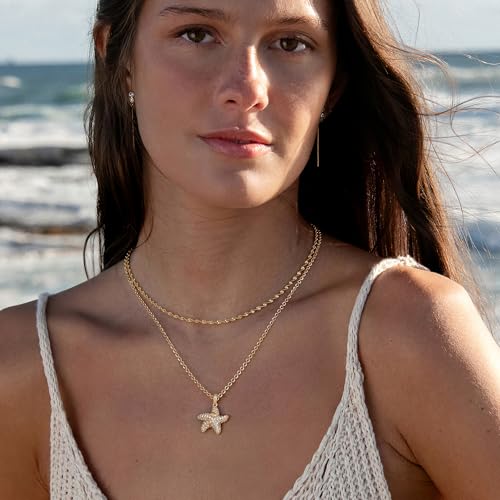 MTMY Gold Starfish Necklace 14K Gold Plated Shell Conch Ocean Pendant Necklace for Women Beach Summer Jewelry - style: cz wave starfish