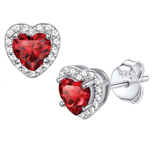 Bestyle 8mm Small Birthstone Earrings for Women with Hypoallergenic Sterling Silver Post,Sparkle Heart/Round Womens Studs Earrings, Great Birthday/Christmas/Anniversary Jewelry for Wife Mother - color: 01. Jan. Garnet-Heart