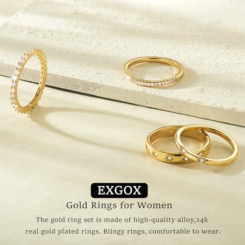 EXGOX Dainty Stackable Gold Rings - 14K Gold Plated, Non Tarnish Cubic Zirconia Stacking & Thumb Knuckle Rings (4pcs Size 7-11) - color: Shiny Star Style, size: 11