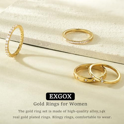 EXGOX Dainty Stackable Gold Rings - 14K Gold Plated, Non Tarnish Cubic Zirconia Stacking & Thumb Knuckle Rings (4pcs Size 7-11) - color: Shiny Star Style, size: 11