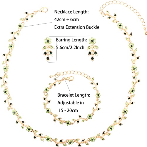Austrian Crystal Rhinestone Choker Necklace Dangle Earring Link Bracelet Jewelry Set for Brides Bridesmaid Prom Costume Accessories for Women - color: En001-Green-Gold Plated