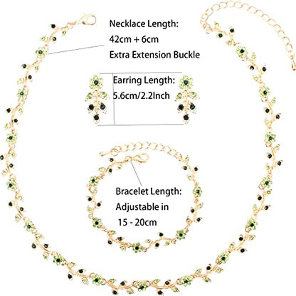 Austrian Crystal Rhinestone Choker Necklace Dangle Earring Link Bracelet Jewelry Set for Brides Bridesmaid Prom Costume Accessories for Women - color: En001-Green-Gold Plated