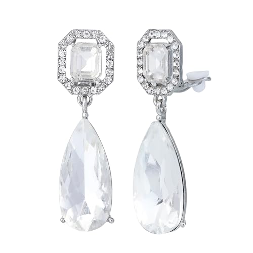 Gorgeous Long Austrian Crystal Teardrop Drop Dangle Clip On Earrings Non Pierced for Women - color: White,Silver