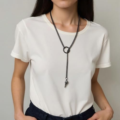 Slip Chain Choker for Women Handmade Black Stainless Steel Cuban Chain Chunky Moon Bat Raven Skull Pendant Gothic Punk Rock Collar Adjustable Lariat Y Necklace for Men - style: Raven skull