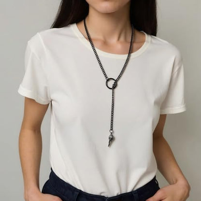 Slip Chain Choker for Women Handmade Black Stainless Steel Cuban Chain Chunky Moon Bat Raven Skull Pendant Gothic Punk Rock Collar Adjustable Lariat Y Necklace for Men - style: Raven skull